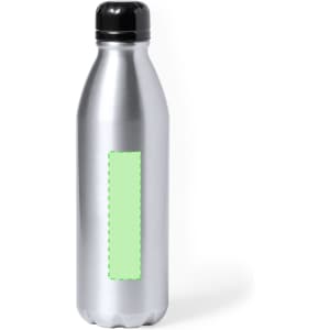 A drink bottle in silver stainless steel with a black cap and a green label section for customisation.