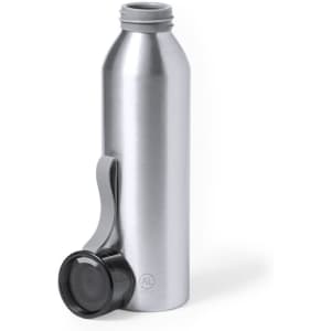 A drink bottle in silver stainless steel with a black cap and a side handle, featuring a logo.