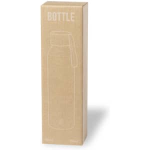A drink bottle in a cardboard packaging, featuring a simple design and a handle. The package has a logo.