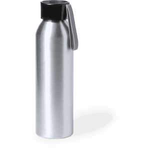 A drink bottle in silver metal with a black lid and a carrying handle, featuring a logo.