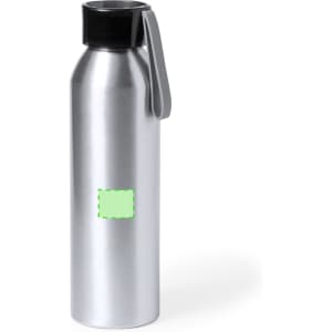 A drink bottle in silver metal with a black lid and a grey strap, featuring a placeholder for branding.