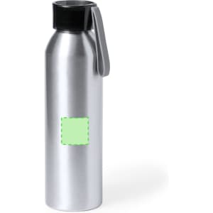 A drink bottle with a sleek silver finish, featuring a black flip lid and a grey handle. It has an empty space for branding.