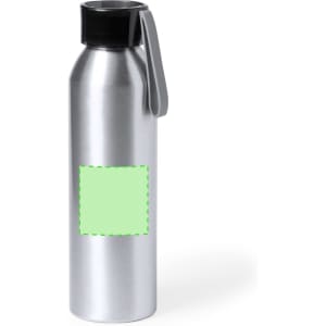 A drink bottle in silver with a black lid and a grey carrying strap, featuring a blank green area for customisation.