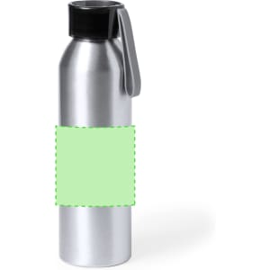 A drink bottle in stainless steel with a black cap and a blank green label area.