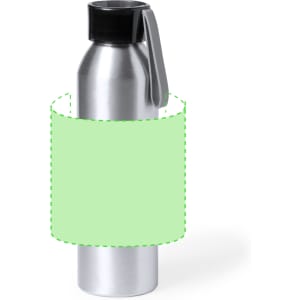 A drink bottle in a silver stainless steel finish with a black lid, featuring a placeholder for a label or design.