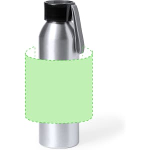 A drink bottle in a sleek silver finish with a black lid and a handle, featuring a blank green label area.