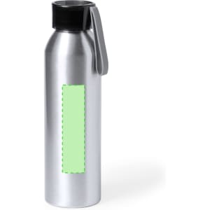 A drink bottle in silver with a black lid and a placeholder for branding or design on the side.