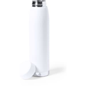 A drink bottle in white with a silver base and a removable cap. It features a logo on its surface.
