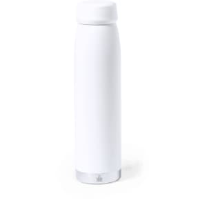 A drink bottle with a sleek white design and a silver base. It features a lid and a branding logo.