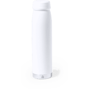 A drink bottle in white with a silver base, featuring a sleek, modern design and a logo on the side.