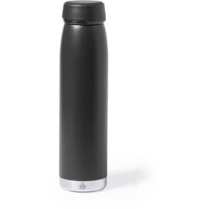 A drink bottle in matte black with a silver base, featuring a screw-on lid and a sleek design.