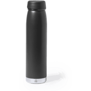 A drink bottle in matte black with a silver base and a screw-on lid, featuring a logo on its surface.