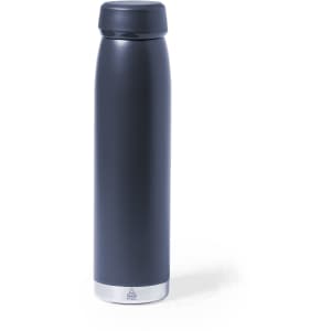 A drink bottle in matte black with a silver base, featuring a lid and a logo.