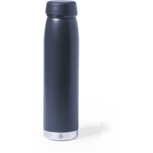 A drink bottle featuring a sleek black design with a silver base and a logo on it.