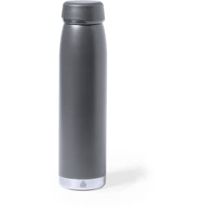 A drink bottle in a sleek dark grey finish with a metallic base and a rounded lid.