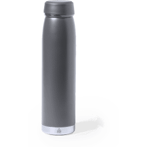 A drink bottle in sleek grey with a silver base, featuring a built-in logo.