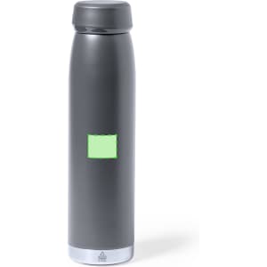 A drink bottle in sleek grey with a rounded top and a silver base, featuring a logo on the front.