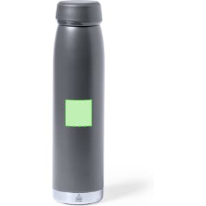 A drink bottle in grey with a sleek design and a silver base, featuring a logo on the side.