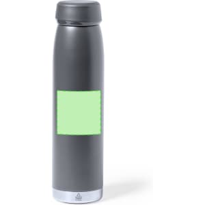 A drink bottle in grey with a stainless steel base and a blank area for custom branding.