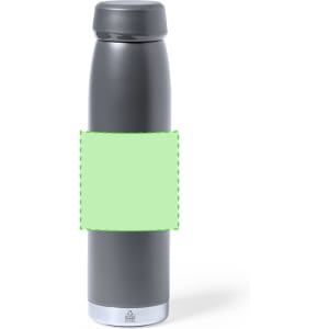 A drink bottle in matte grey with a shiny silver base, featuring a logo on its surface.