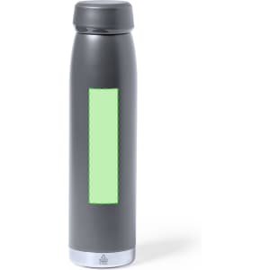 A drink bottle with a sleek grey design and a stainless steel bottom, featuring a logo on the body.