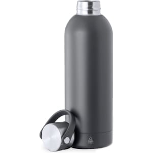 A drink bottle in matte black with a removable silver lid and a handle. Features a logo on the side.