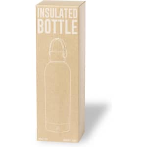 A drink bottle in a cardboard box, featuring a minimalist design and a handle for easy carry.