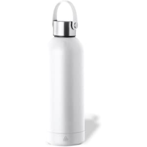 A drink bottle in white with a stainless steel lid and a carry handle. It features a simple, sleek design.