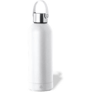 A drink bottle in white with a metal lid and a loop handle. It features a logo on the bottom.