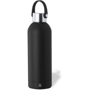 A drink bottle in matte black with a stainless steel lid and a carrying handle. It features a logo on its surface.