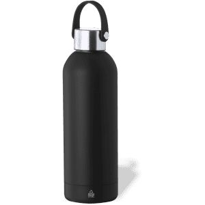 A drink bottle in matte black with a silver lid and a handle, featuring a logo on its side.