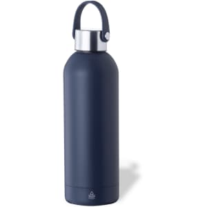 A drink bottle in navy blue with a stainless steel lid and a convenient handle. It features a branding logo.