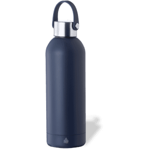 A drink bottle in navy blue with a stainless steel top and a handle, featuring a branding logo.