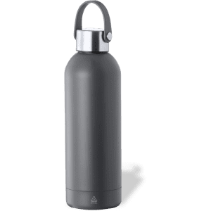 A drink bottle in matte grey with a stainless steel lid and a carrying handle. It features a logo on the side.