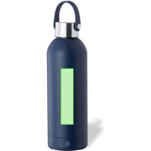 A drink bottle in navy blue with a stainless steel top and a prominent green section. It features a handle and a logo.