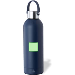 A drink bottle in navy blue with a metal lid and a handle, featuring a blank area for customization.
