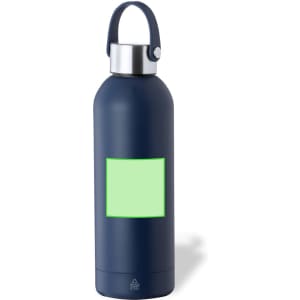 A drink bottle in navy blue with a stainless steel cap and a green placeholder area for branding.