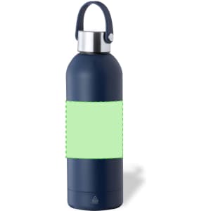A drink bottle in navy blue with a stainless steel lid and a blank green section for customisation.