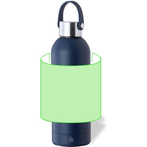 A drink bottle in navy blue with a metal lid and a carrying handle. It features a logo on its body.