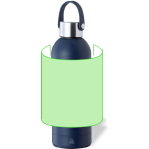 A drink bottle in navy blue with a metallic lid and handle, featuring a logo on the base.