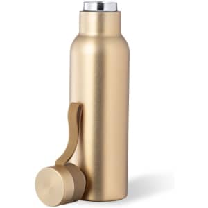 A drink bottle in a metallic gold finish, featuring a silver lid and a stylish handle. It has a sleek design and a logo.