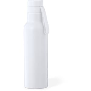 A white insulated drink bottle with a lid and a handle, featuring a logo.