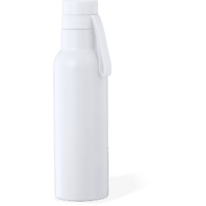 A drink bottle in white with a clip-on lid and a sleek, insulated design. It features a small logo.