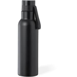A drink bottle in sleek black, featuring a screw top lid and a handle for easy carrying. It has a logo.