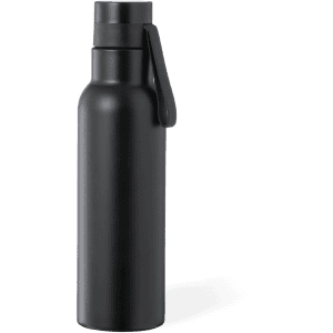 A drink bottle in matte black with a sleek design and a handle for easy carrying. It features a logo.
