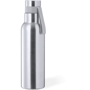 A drink bottle in stainless steel with a grey cap and handle, featuring a sleek, modern design and a logo.