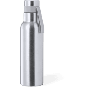 A drink bottle in silver stainless steel with a grey lid and an attached handle, featuring a logo.