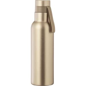 A drink bottle in a metallic gold finish with a matching lid and handle, featuring a logo on the bottle.