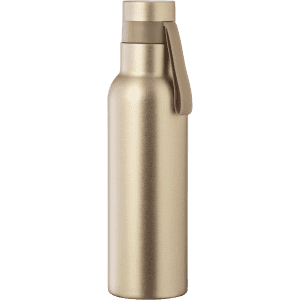 A drink bottle in a sleek gold finish with a tan strap and a logo on the side.