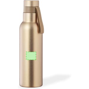 A drink bottle in a metallic gold finish with a secure lid and a branding logo.